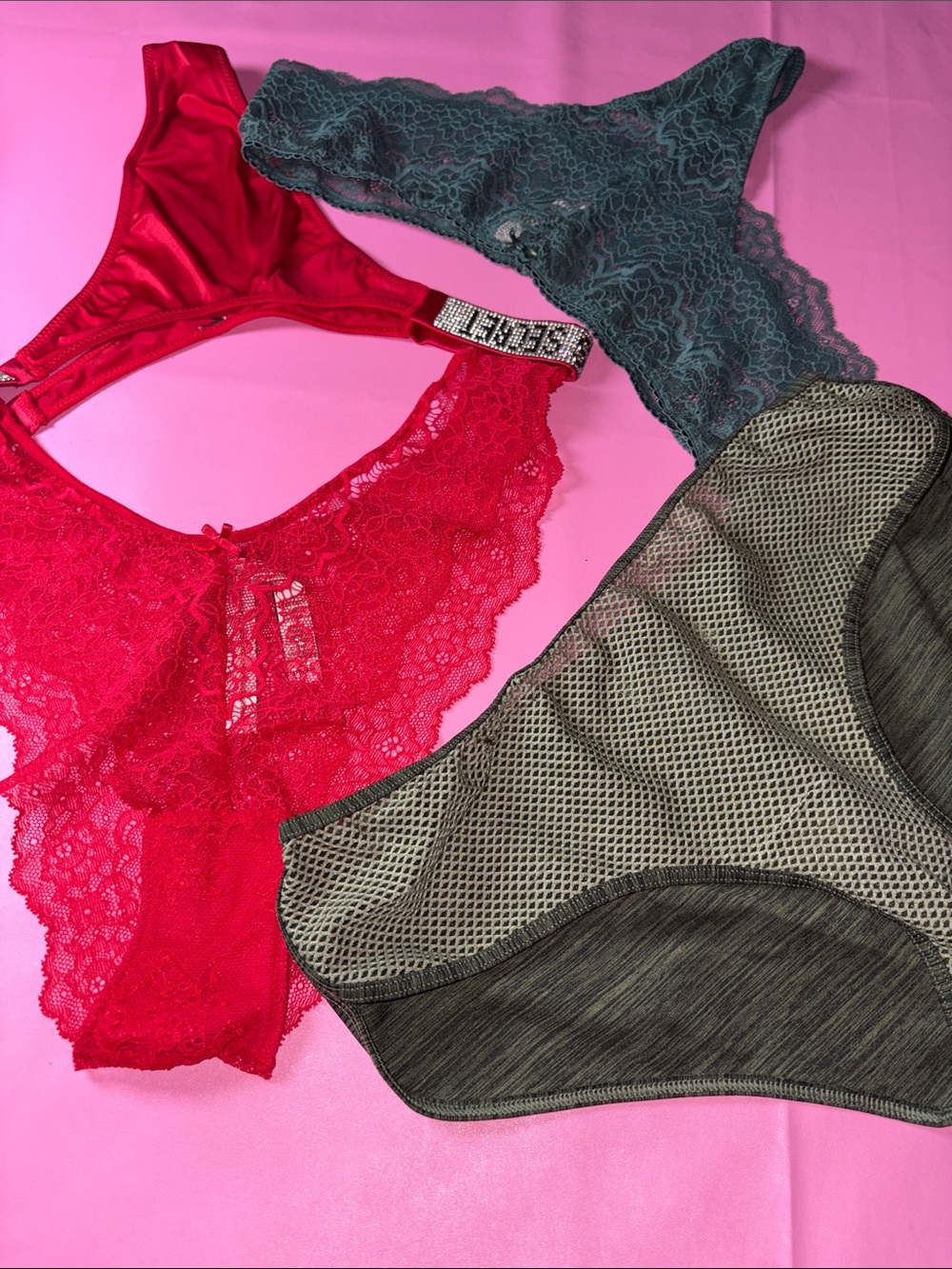 Victoria's Secret Lace & Mesh Panty Trio - Red, Teal, Olive